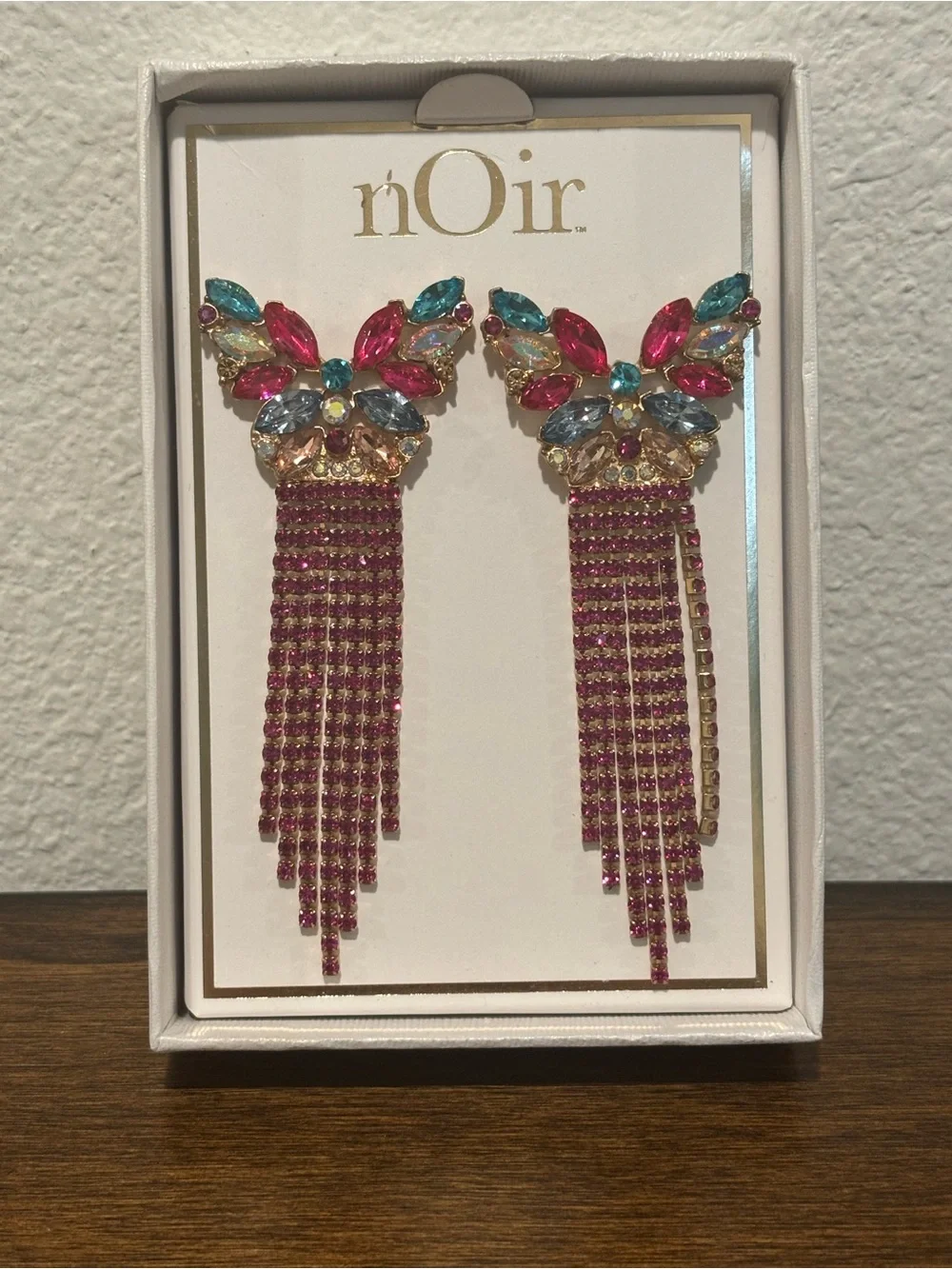 nOir Jewelry Pink Tassel Drop Earrings with Multicolor Stones